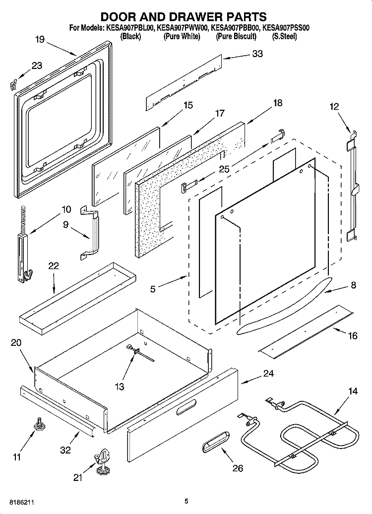 DOOR AND DRAWER PARTS Diagram and Parts List for KESA907PWW00  KitchenAid Range
