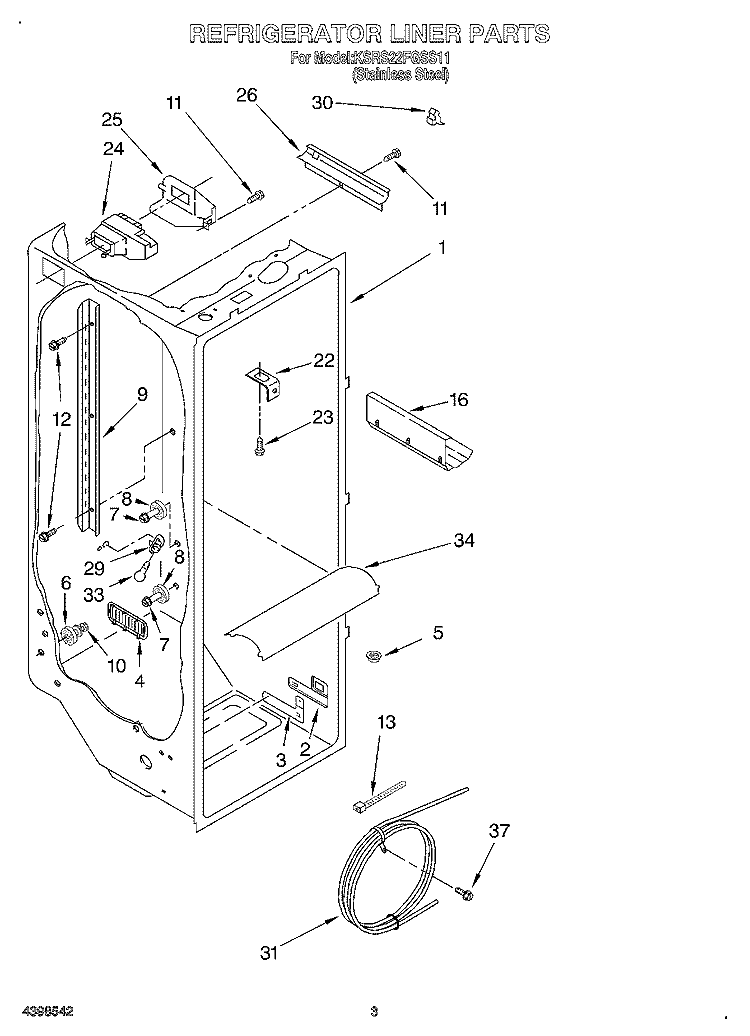 REFRIGERATOR LINER Diagram and Parts List for KSRS22FGSS11  KitchenAid Refrigerator