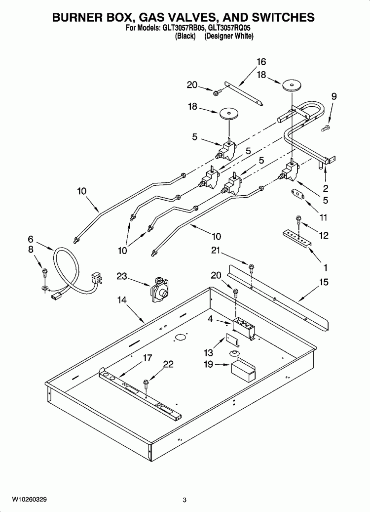 BURNER BOX, GAS VALVES, AND SWITCHES Diagram and Parts List for GLT3057RQ05  Whirlpool Cooktop