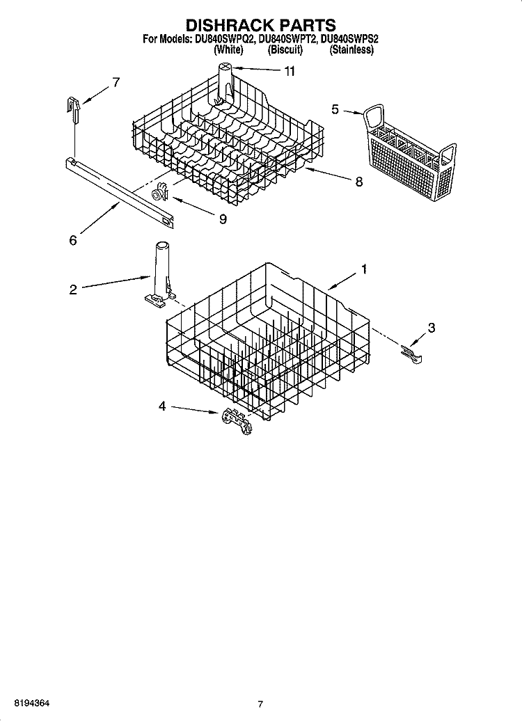 DISHRACK PARTS, OPTIONAL PARTS (NOT INCLUDED) Diagram and Parts List for DU840SWPQ2  Whirlpool Dishwasher