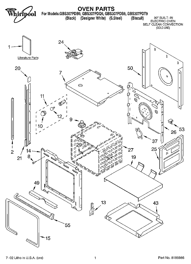 OVEN, LITERATURE Diagram and Parts List for GBS307PDB9  Whirlpool Wall Oven