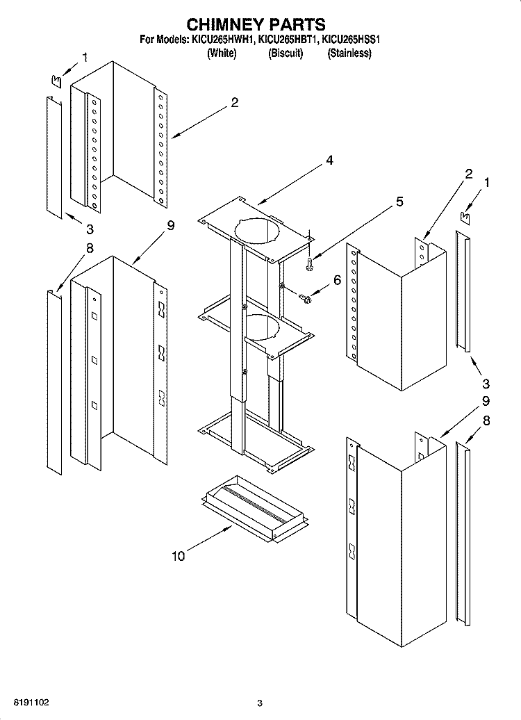 CHIMNEY PARTS Diagram and Parts List for KICU265HBT1  KitchenAid Range Hood