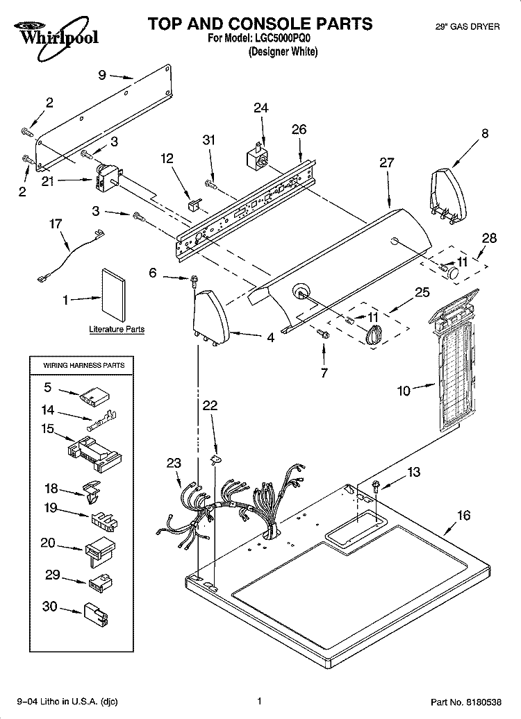 TOP AND CONSOLE PARTS Diagram and Parts List for LGC5000PQ0  Whirlpool Dryer