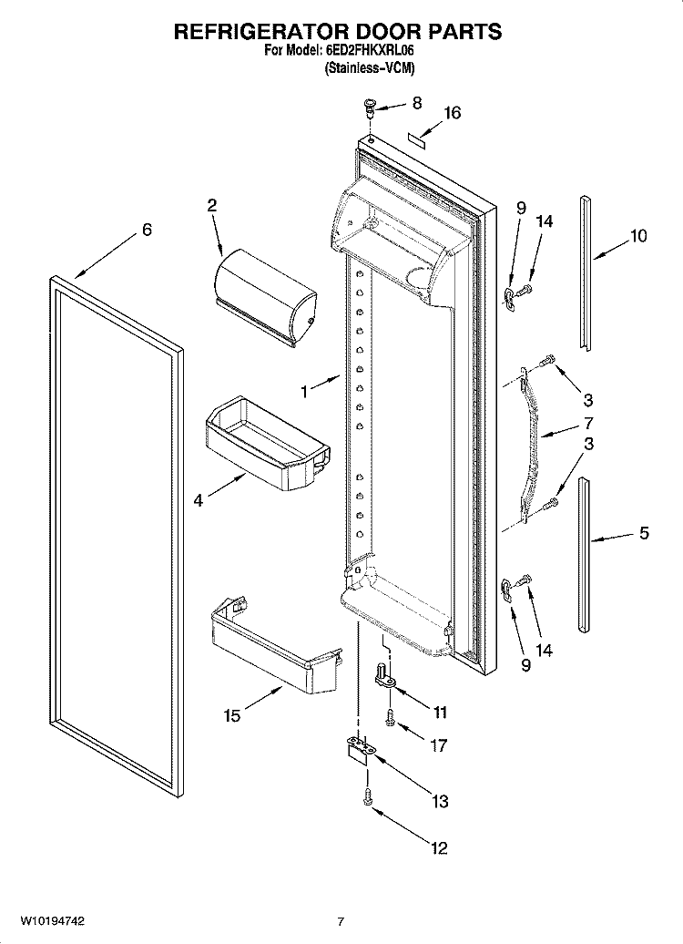 REFRIGERATOR DOOR PARTS Diagram and Parts List for 6ED2FHKXRL06  Whirlpool Refrigerator