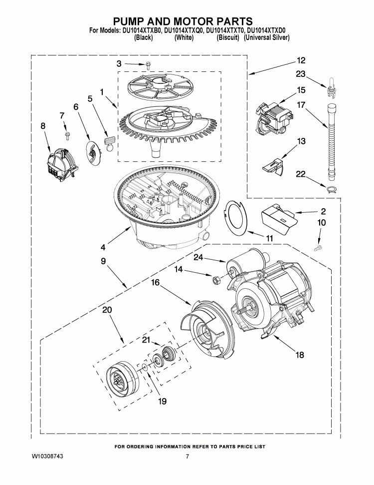 PUMP AND MOTOR PARTS Diagram and Parts List for DU1014XTXB0  Whirlpool Dishwasher