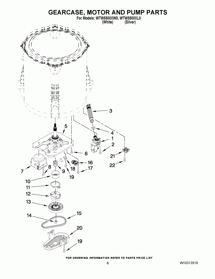GEARCASE, MOTOR AND PUMP PARTS Diagram and Parts List for WTW5500XL0  Whirlpool Washer
