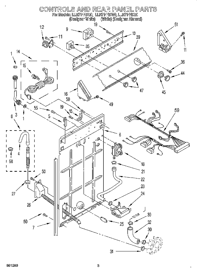 CONTROLS AND REAR PANEL Diagram and Parts List for LLR7144DZ0  Whirlpool Washer