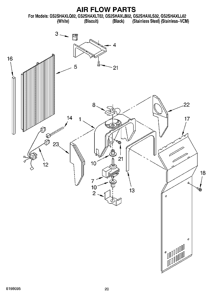 AIR FLOW, OPTIONAL Diagram and Parts List for GS2SHAXLS02  Whirlpool Refrigerator