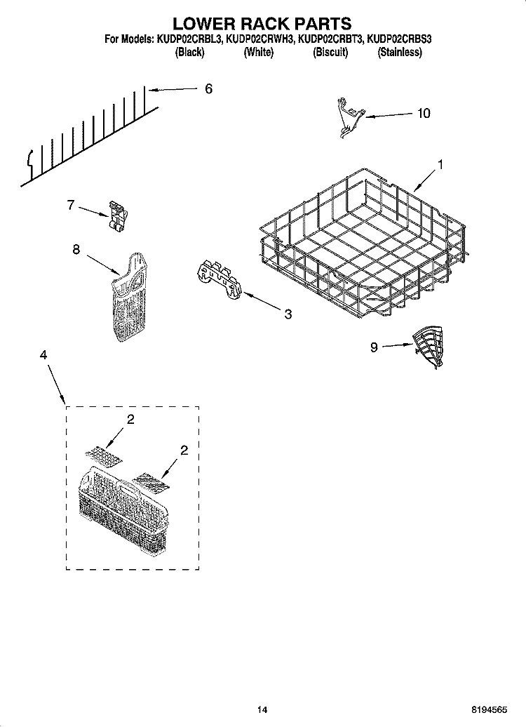 LOWER RACK PARTS, OPTIONAL PARTS (NOT INCLUDED) Diagram and Parts List for KUDP02CRBL3  KitchenAid Dishwasher