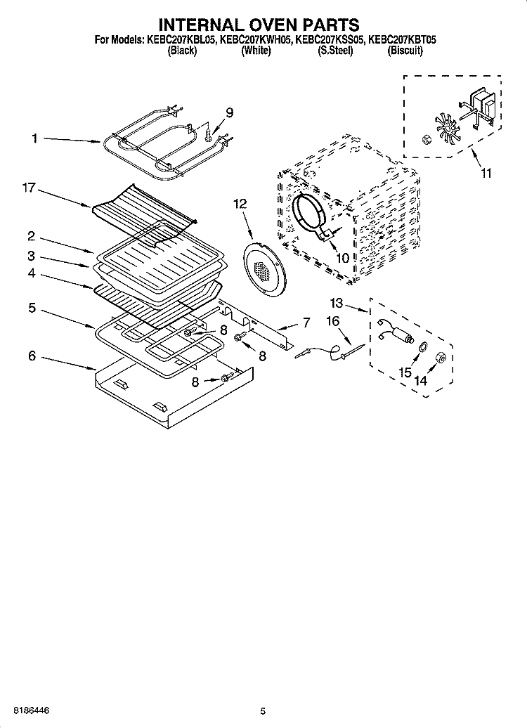 INTERNAL OVEN PARTS Diagram and Parts List for KEBC207KBT05  KitchenAid Wall Oven