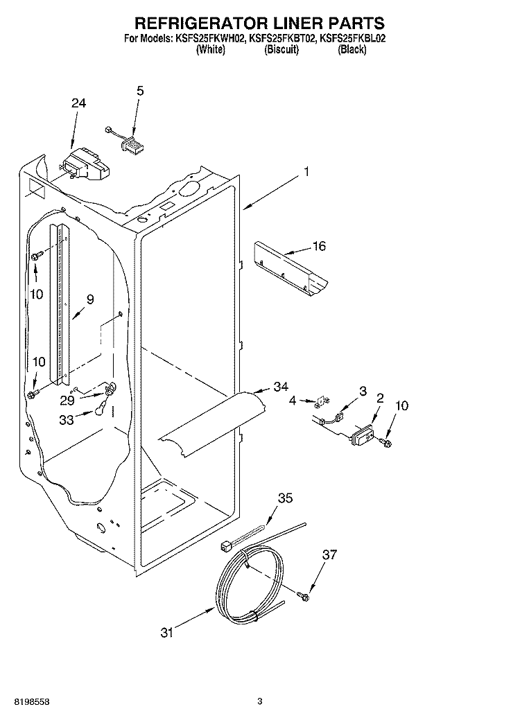 REFRIGERATOR LINER PARTS Diagram and Parts List for KSFS25FKBL02  KitchenAid Refrigerator