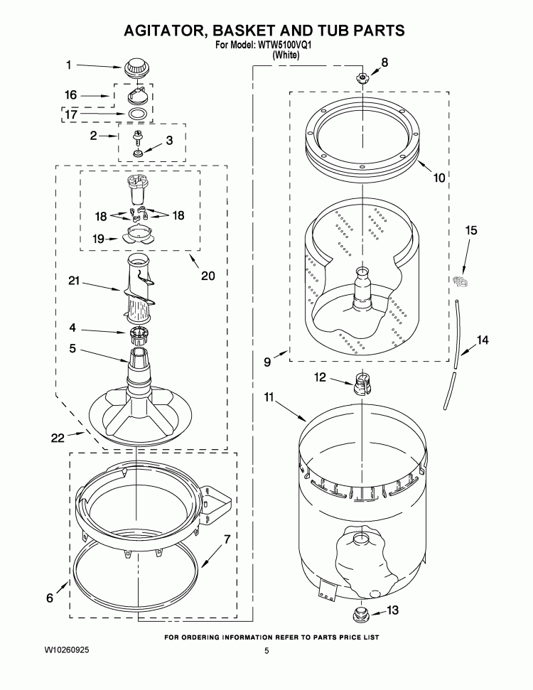 AGITATOR, BASKET AND TUB PARTS Diagram and Parts List for WTW5100VQ1  Whirlpool Washer