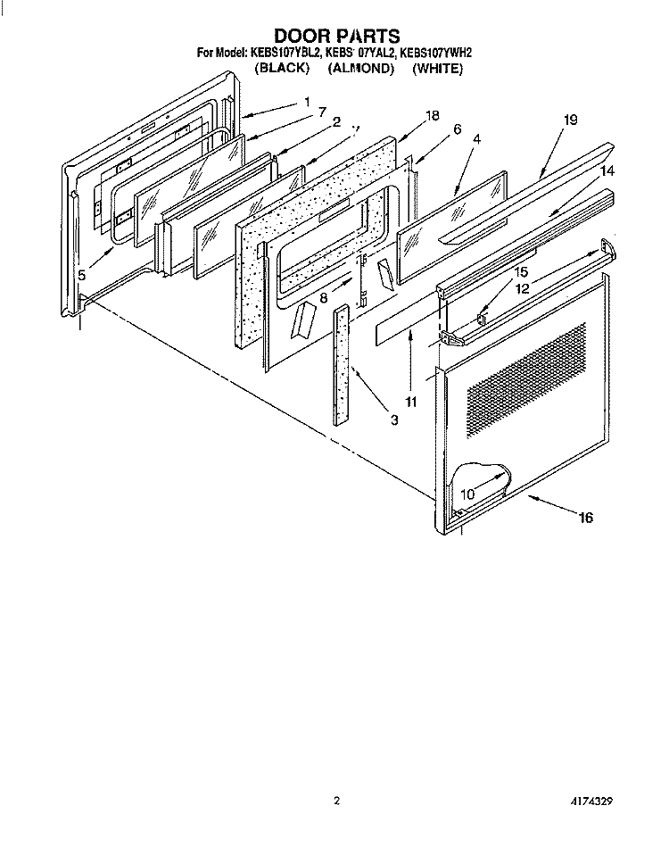 DOOR Diagram and Parts List for KEBS107YWH2  KitchenAid Wall Oven
