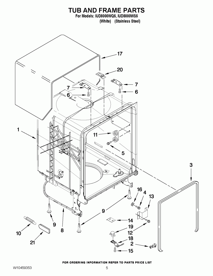 TUB AND FRAME PARTS Diagram and Parts List for IUD8000WS5  Whirlpool Dishwasher