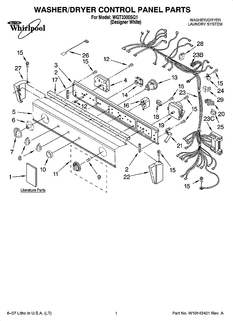 WASHER/DRYER CONTROL PANEL PARTS Diagram and Parts List for WGT3300SQ1  Whirlpool Washer Dryer Combo