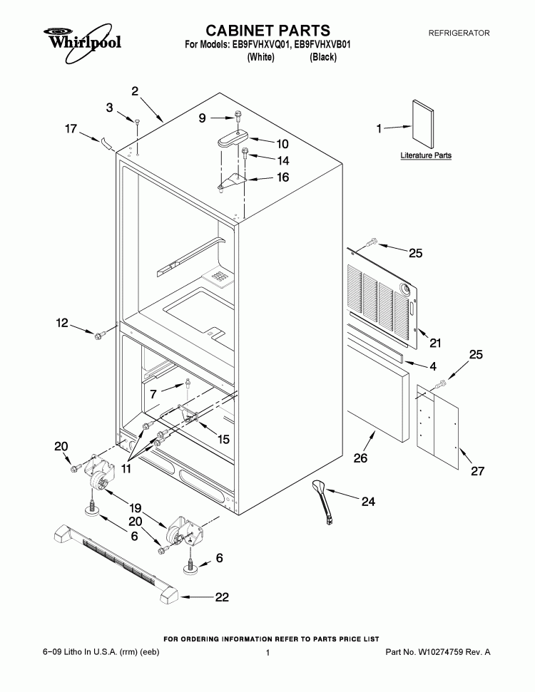CABINET PARTS Diagram and Parts List for EB9FVHXVB01  Whirlpool Refrigerator