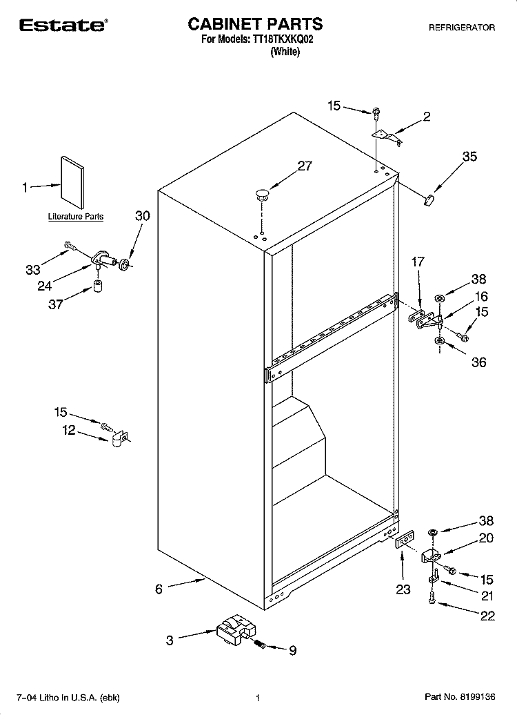 CABINET PARTS Diagram and Parts List for TT18TKXKQ02  Estate Refrigerator