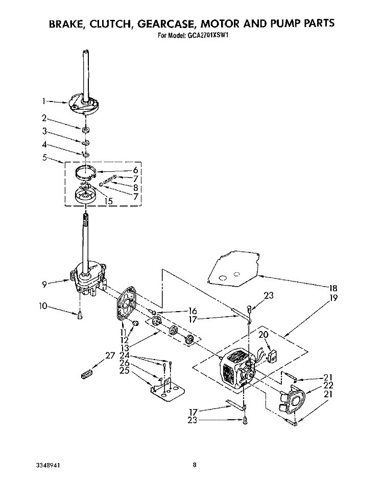 BRAKE, CLUTCH, GEARCASE, MOTOR AND PUMP Diagram and Parts List for GCA2701XSW1  Whirlpool Washer