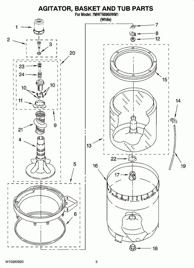 AGITATOR, BASKET AND TUB PARTS Diagram and Parts List for 7MWT98960WM1  Whirlpool Washer
