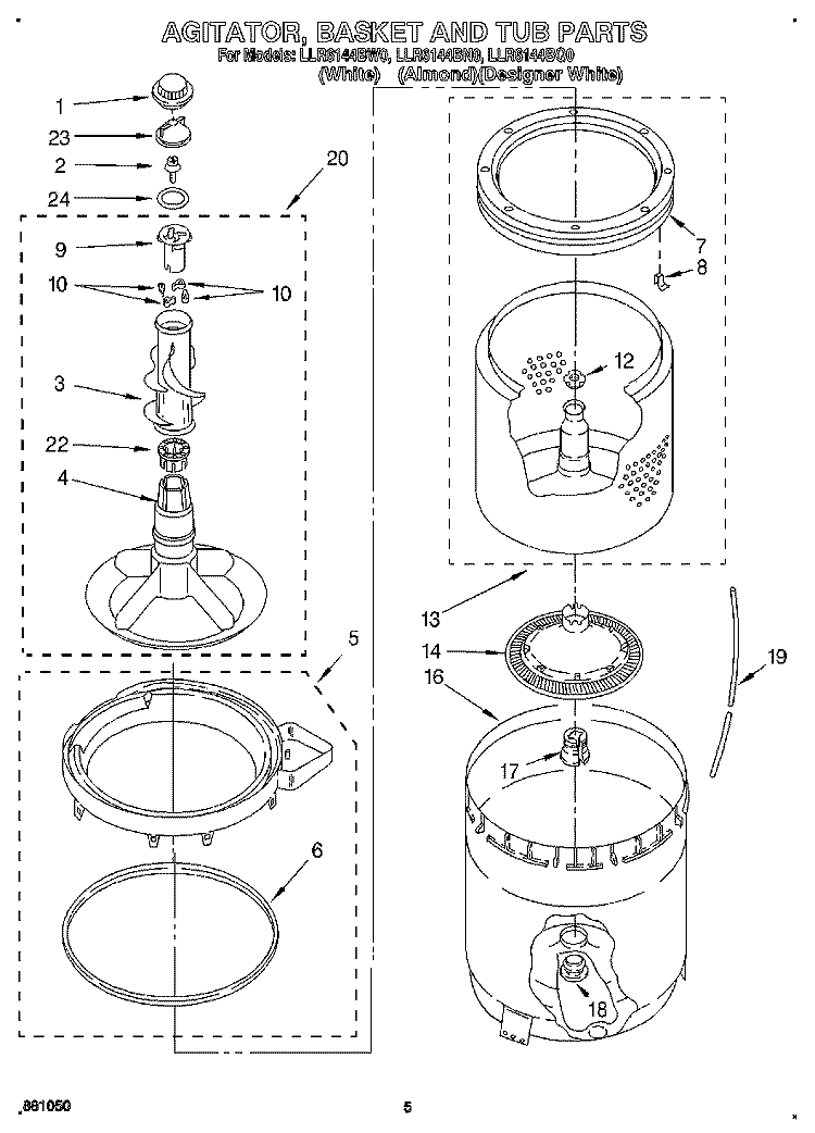 AGITATOR, BASKET AND TUB Diagram and Parts List for LLR6144BN0  Whirlpool Washer