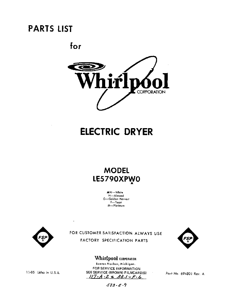 SECTION Diagram and Parts List for LE5790XPW0  Whirlpool Dryer