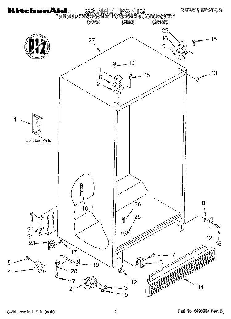 CABINET, LITERATURE Diagram and Parts List for KSRS22QGWH01  KitchenAid Refrigerator