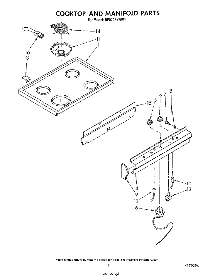 COOK TOP AND MANIFOLD Diagram and Parts List for RF010EXRW1  Whirlpool Range