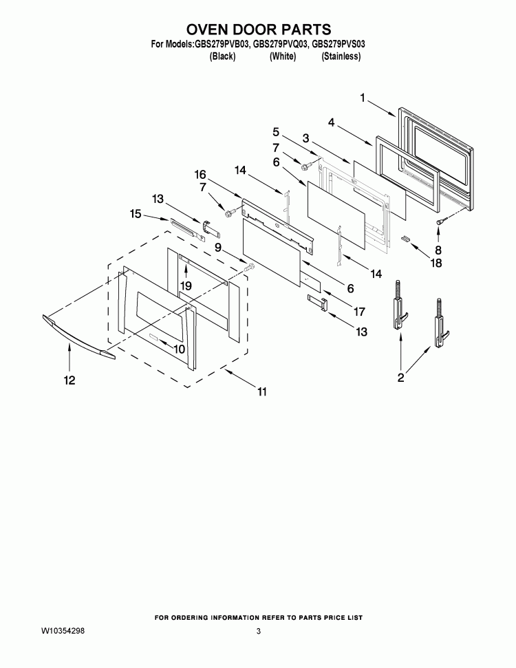 OVEN DOOR PARTS Diagram and Parts List for GBS279PVS03  Whirlpool Wall Oven