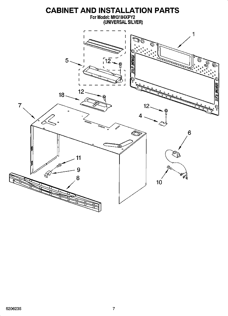 CABINET AND INSTALLATION PARTS Diagram and Parts List for MH3184XPY2  Whirlpool Microwave