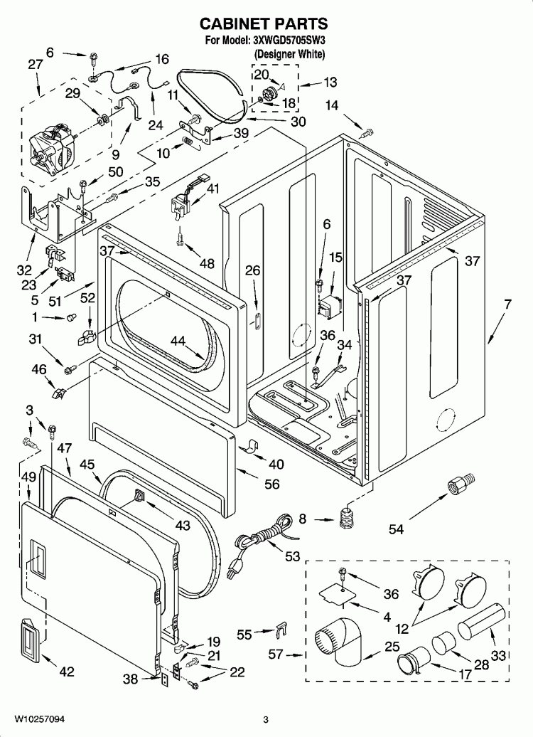 CABINET PARTS Diagram and Parts List for 3XWGD5705SW3  Whirlpool Dryer