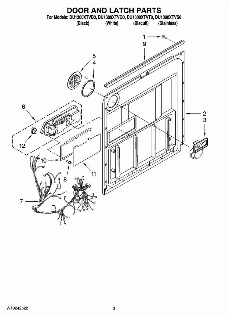 DOOR AND LATCH PARTS Diagram and Parts List for DU1300XTVQ0  Whirlpool Dishwasher