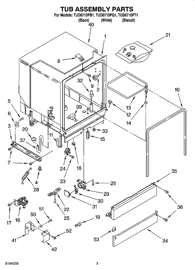 TUB ASSEMBLY PARTS Diagram and Parts List for TUD6710PQ1  Estate Dishwasher