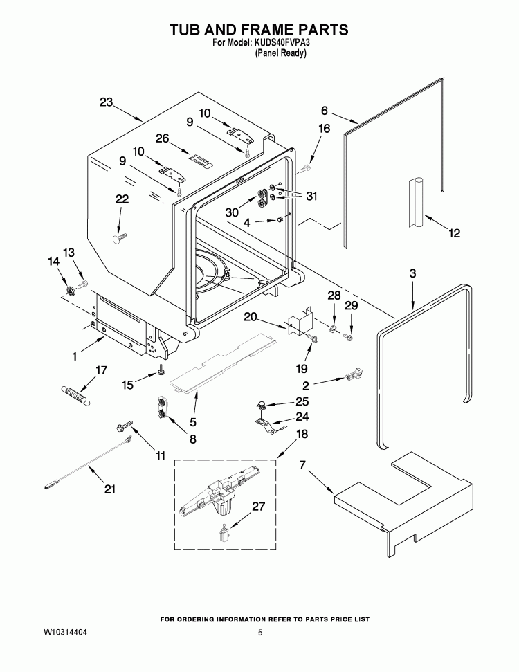 TUB AND FRAME PARTS Diagram and Parts List for KUDS40FVPA3  KitchenAid Dishwasher