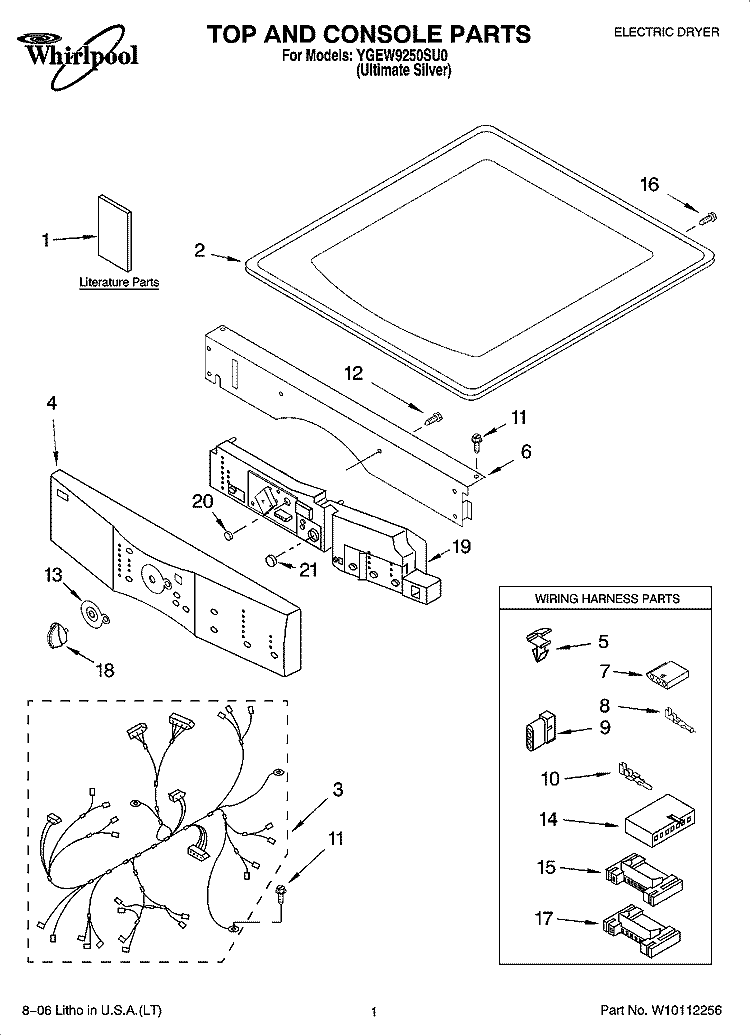 TOP AND CONSOLE PARTS Diagram and Parts List for YGEW9250SU0  Whirlpool Dryer