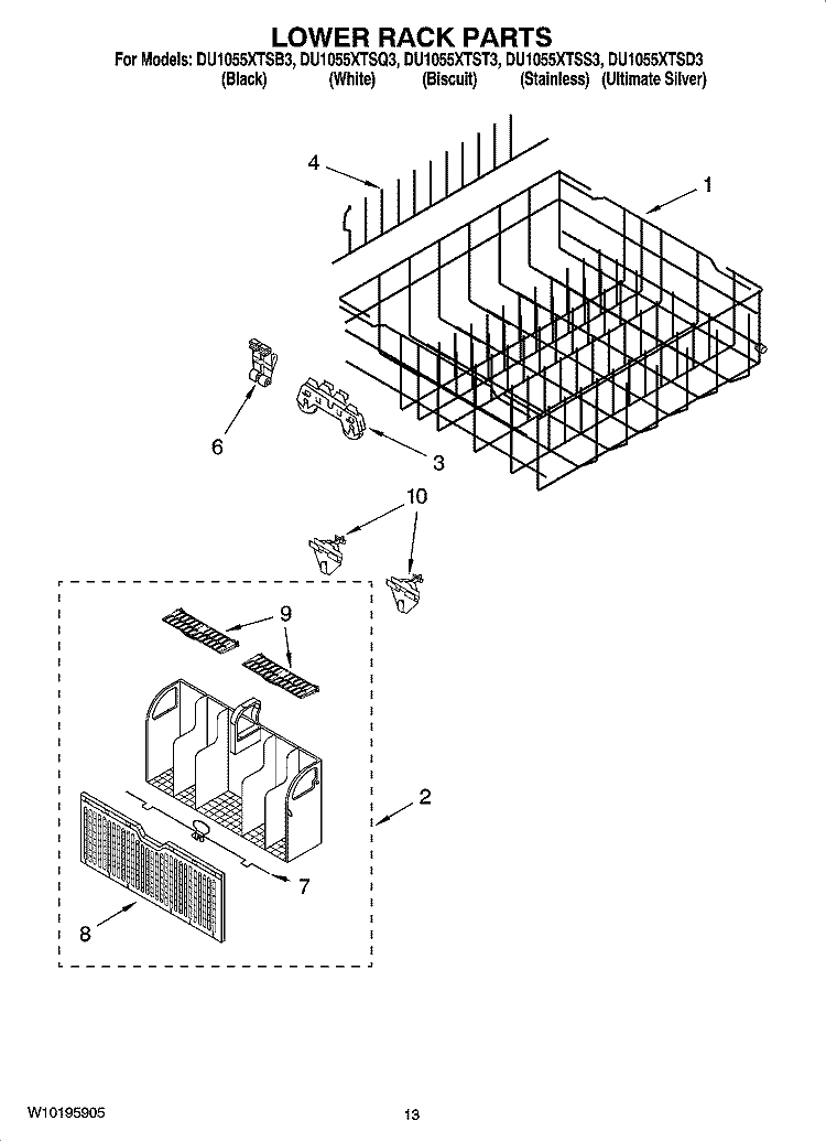 LOWER RACK PARTS, OPTIONAL PARTS (NOT INCLUDED) Diagram and Parts List for DU1055XTST3  Whirlpool Dishwasher