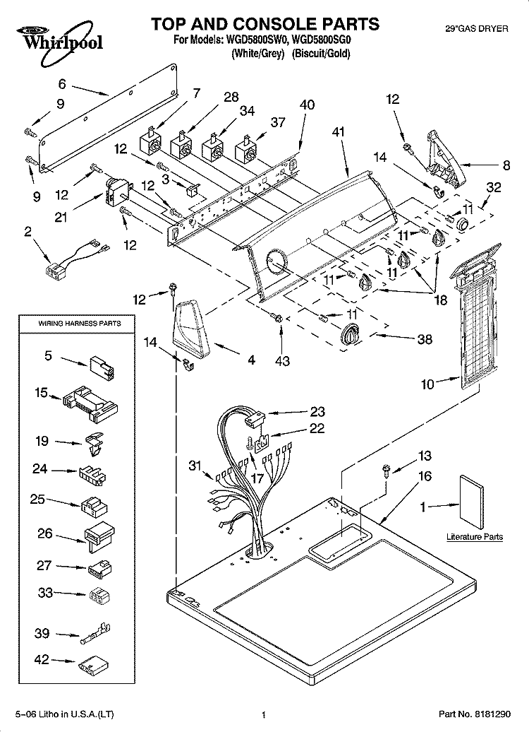 TOP AND CONSOLE PARTS Diagram and Parts List for WGD5800SG0  Whirlpool Dryer