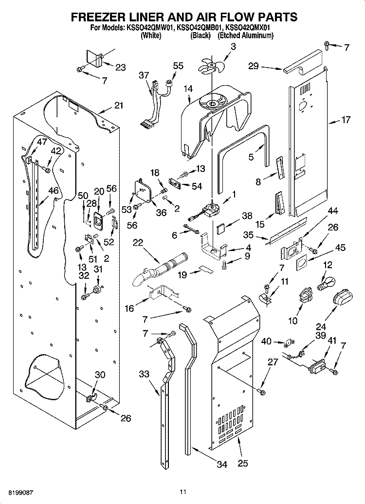 FREEZER LINER AND AIR FLOW PARTS Diagram and Parts List for KSSO42QMB01  KitchenAid Refrigerator