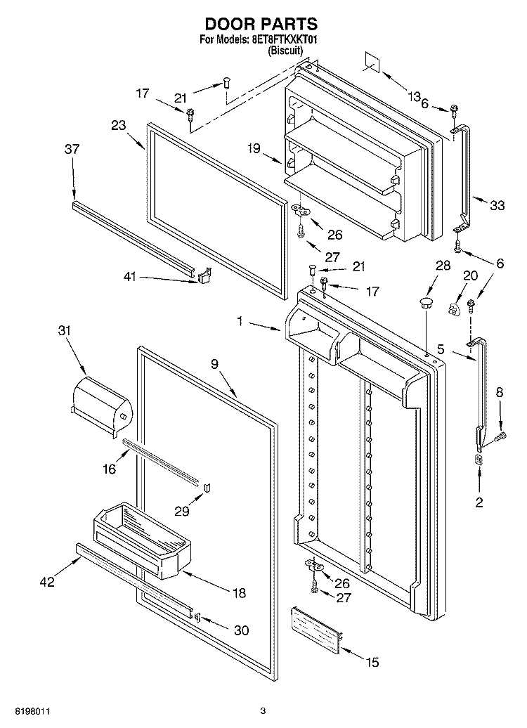 DOOR Diagram and Parts List for 8ET8FTKXKT01  Whirlpool Refrigerator