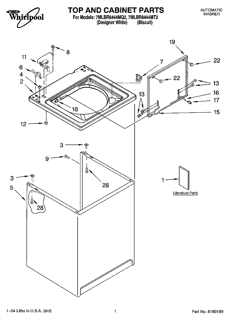 TOP AND CABINET PARTS Diagram and Parts List for 7MLBR8444MQ2  Whirlpool Washer