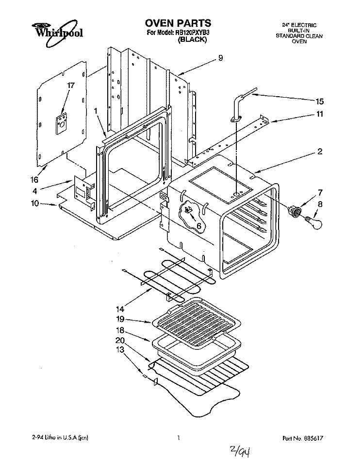 OVEN Diagram and Parts List for RB120PXYB3  Whirlpool Wall Oven