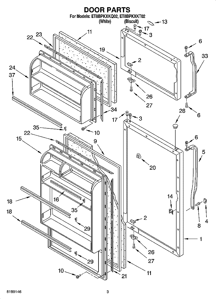 DOOR PARTS Diagram and Parts List for ET8BPKXKQ02  Whirlpool Refrigerator