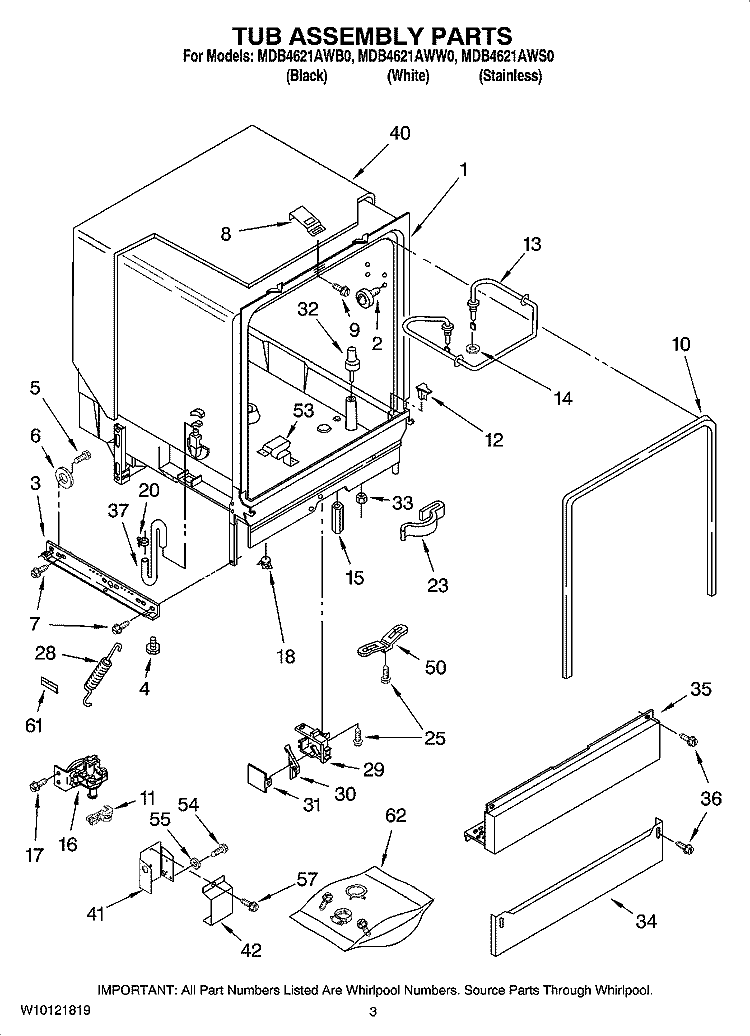 TUB ASSEMBLY PARTS Diagram and Parts List for MDB4621AWS0  Whirlpool Dishwasher