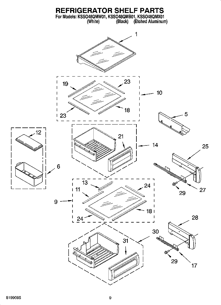 REFRIGERATOR SHELF PARTS Diagram and Parts List for KSSO48QMX01  KitchenAid Refrigerator