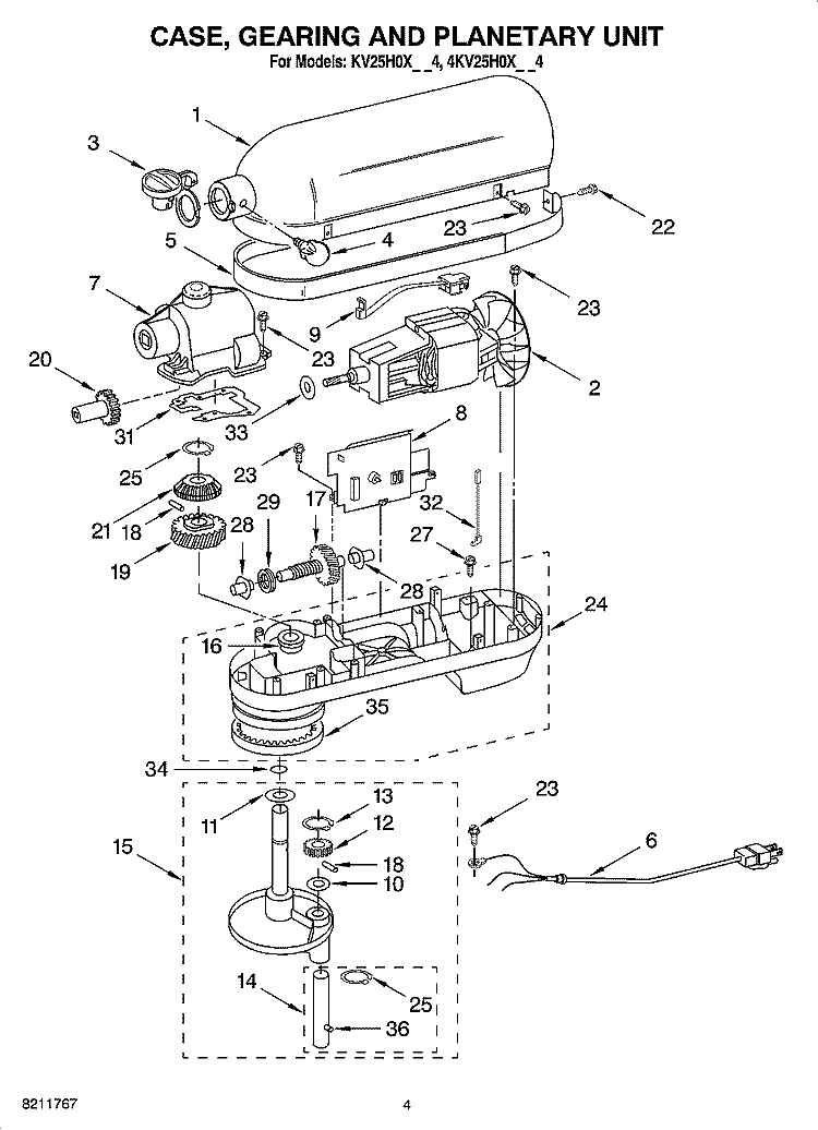 CASE, GEARING AND PLANETARY UNIT AND ACCESSORY PARTS Diagram and Parts List for 4KV25H0XER4  KitchenAid Mixer