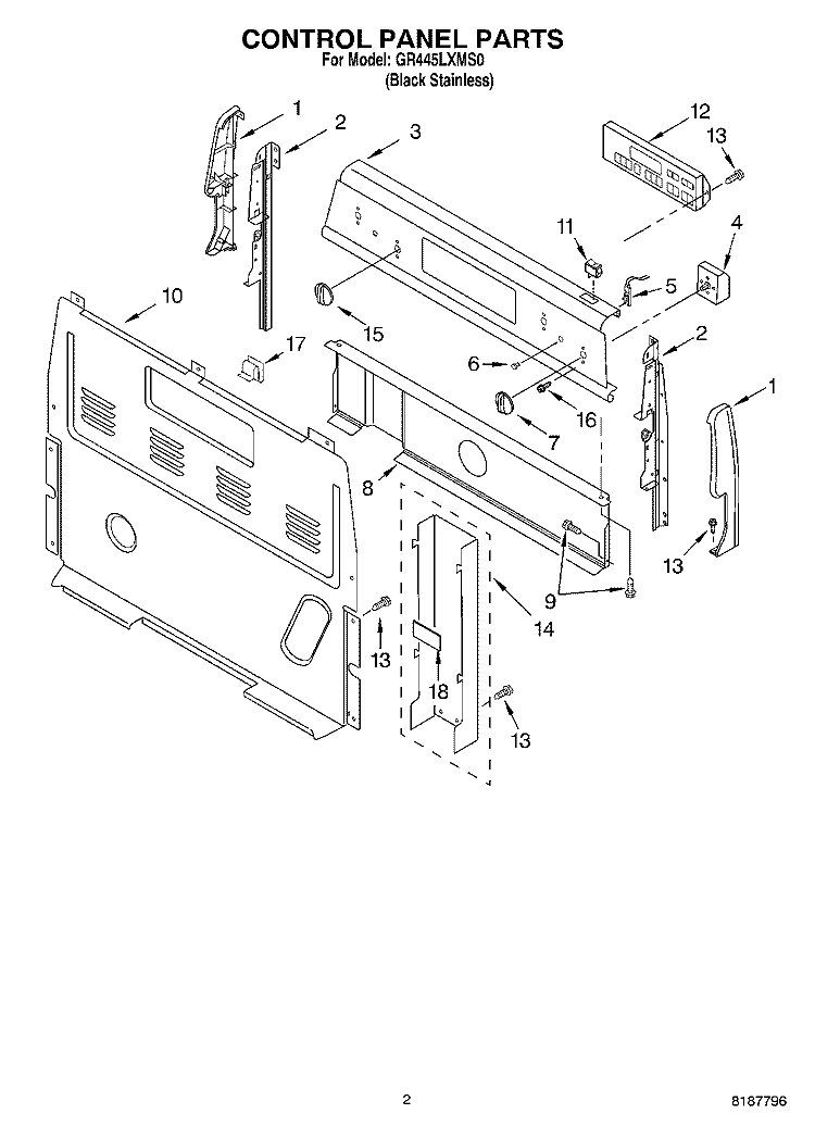 CONTROL PANEL PARTS Diagram and Parts List for GR445LXMS0  Whirlpool Range