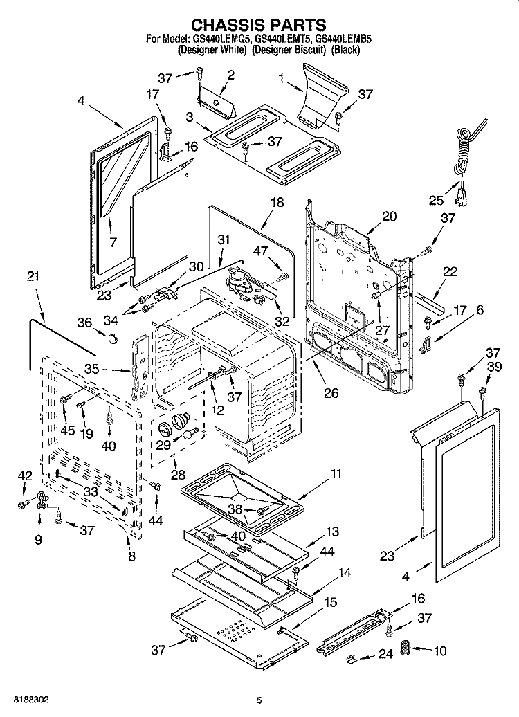 CHASSIS PARTS Diagram and Parts List for GS440LEMB5  Whirlpool Range