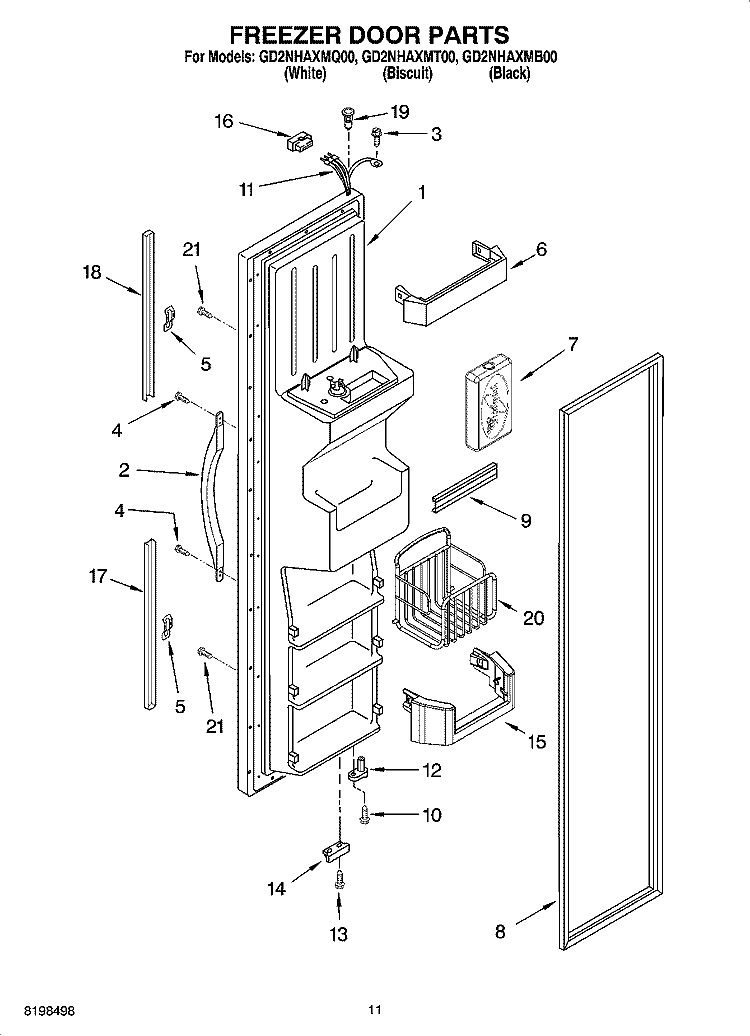 FREEZER DOOR PARTS Diagram and Parts List for GD2NHAXMQ00  Whirlpool Refrigerator