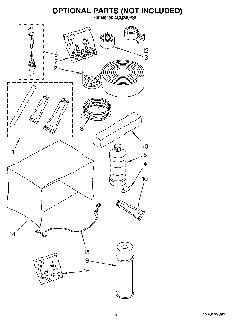 OPTIONAL  PARTS (NOT INCLUDED) Diagram and Parts List for ACQ249PS1  Whirlpool Air Conditioner