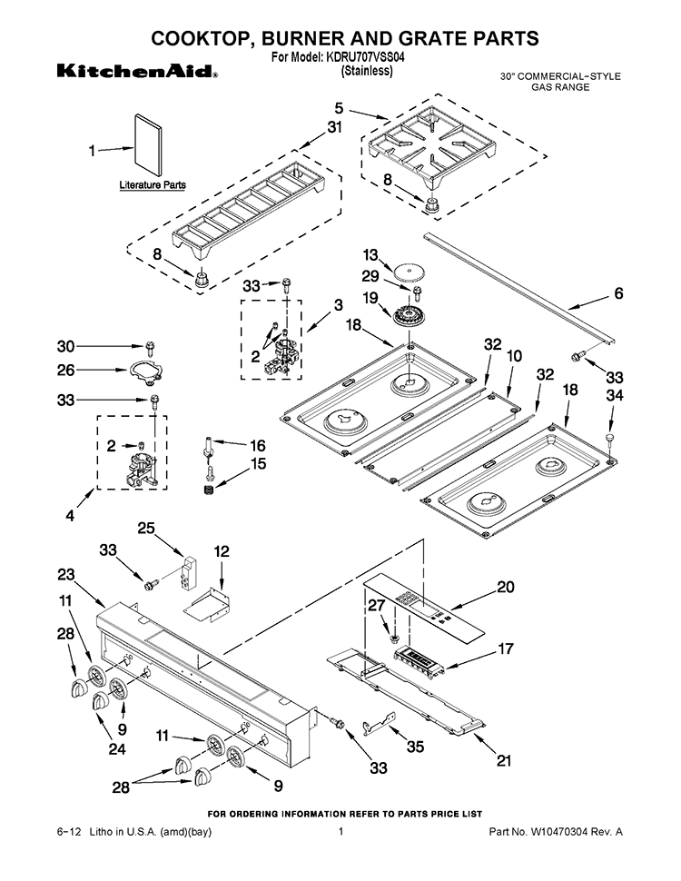 COOKTOP, BURNER AND GRATE PARTS Diagram and Parts List for KDRU707VSS04  KitchenAid Range
