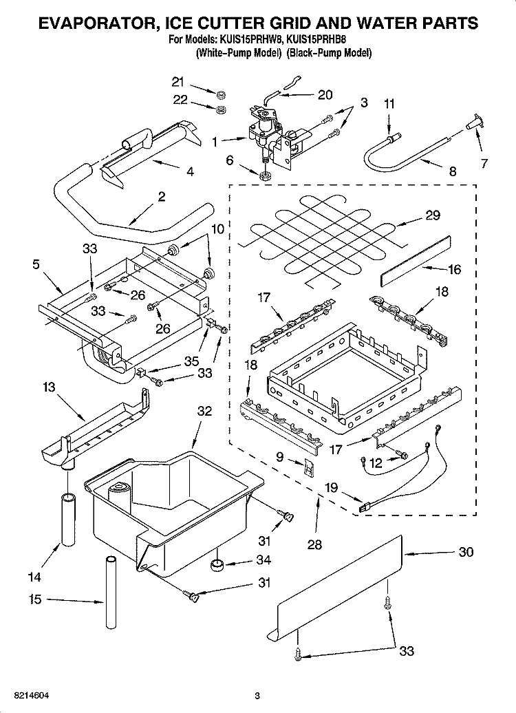 EVAPORATOR, ICE CUTTER GRID AND WATER PARTS Diagram and Parts List for KUIS15PRHW8  KitchenAid Ice Maker